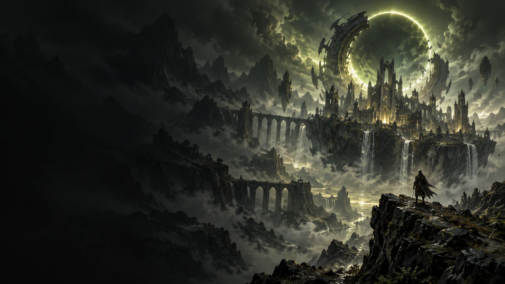 Original F7 studio concept art: a traveler facing a ruined citadel beneath a luminous eclipse
